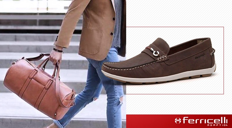 Composições com bolsas e sapatos masculinos